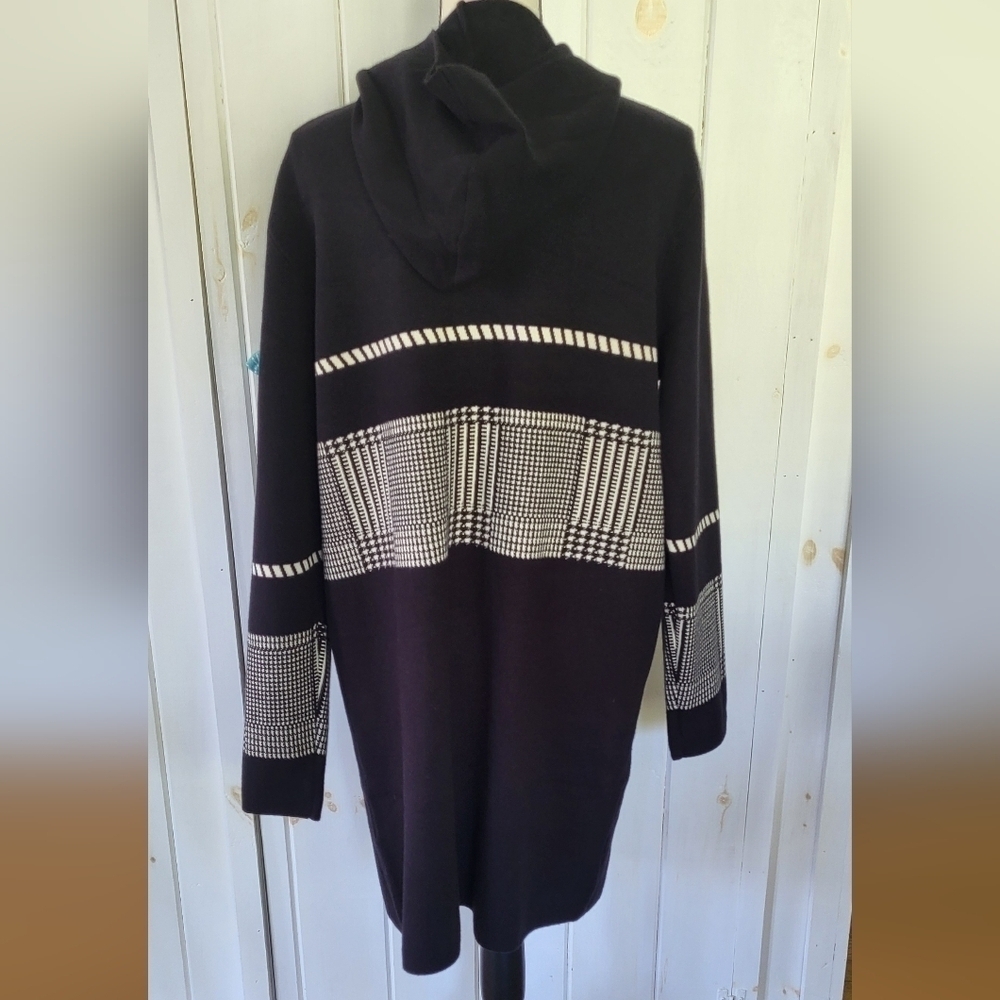 Romimona Longline Hooded Herringbone Block Open Front Cardigan - Picture 2 of 11